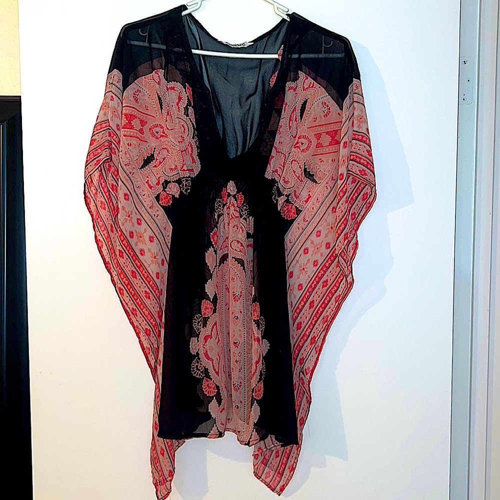 Womens Swimsuit cover up/ kimono black & coral size small